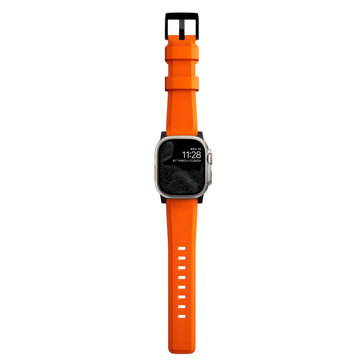 Ein orangefarbenes Uhrenarmband mit silbernem Zifferblatt, das Zeit und Wetter anzeigt.