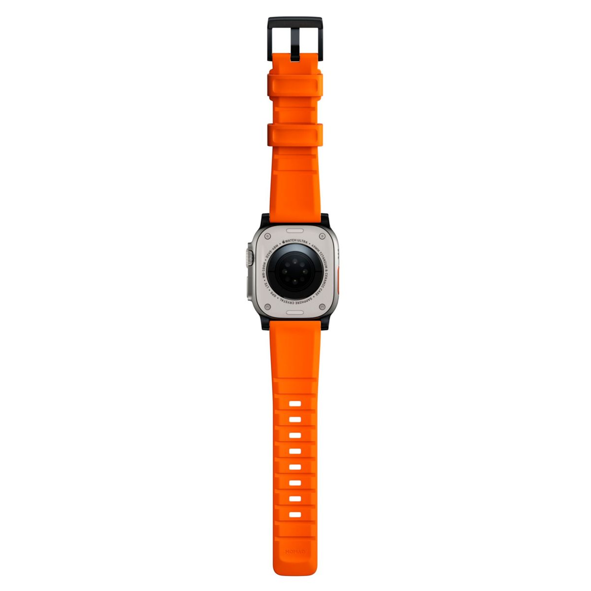 Die Rückseite der Apple Watch Ultra mit orangefarbenem Armband, zeigt Sensoren und Banddetails.