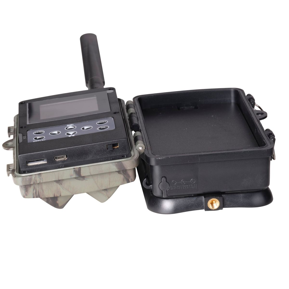 Kamera leśna otwarta, pokazująca ekran, przyciski i elementy wewnętrzne.