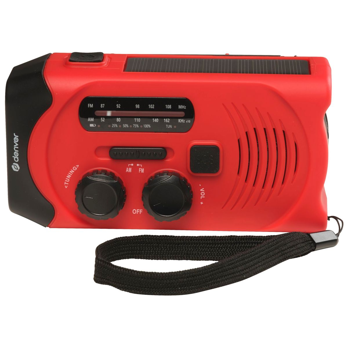 A red and black emergency radio with a hand crank and a handle.