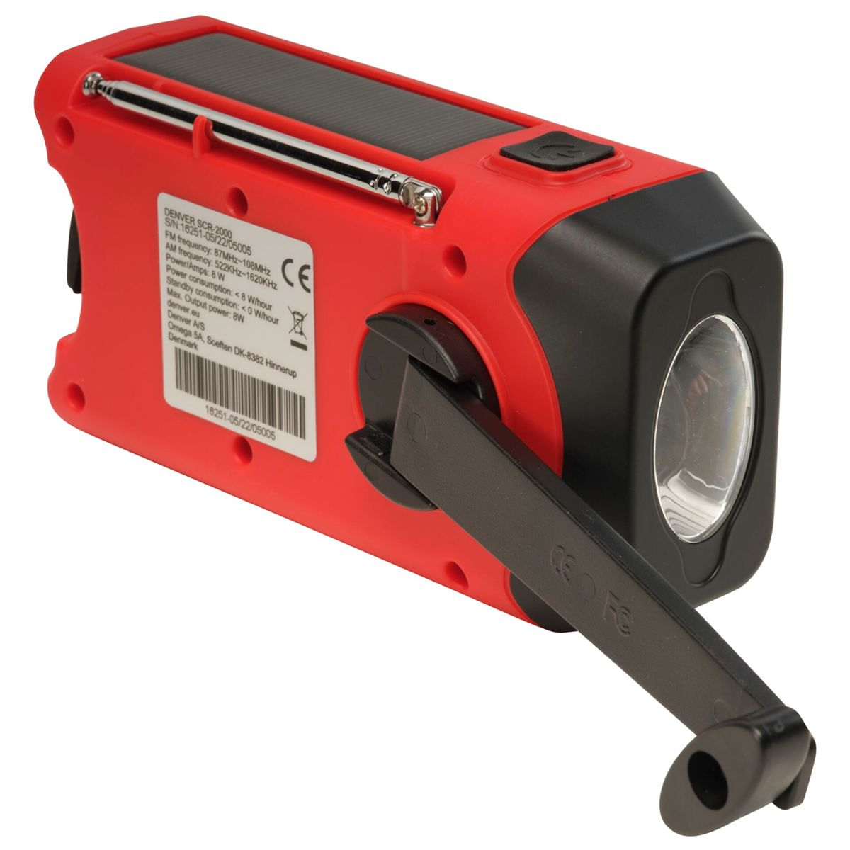 A red emergency radio with a solar panel and a crank. It has a small antenna.