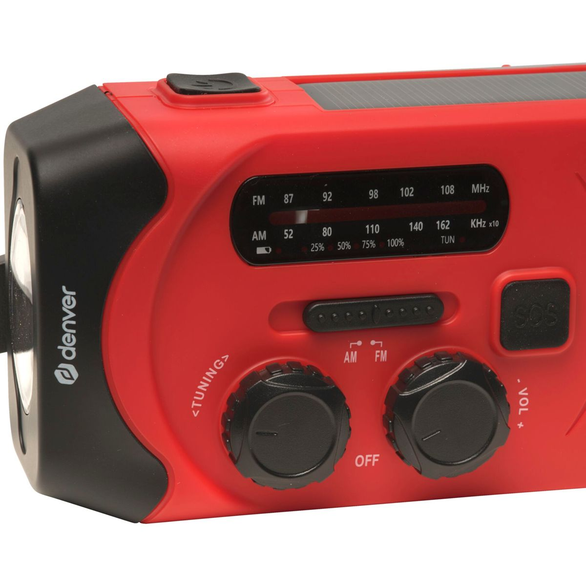 Red and black emergency radio with tuning knobs, a display, and a solar panel on top.