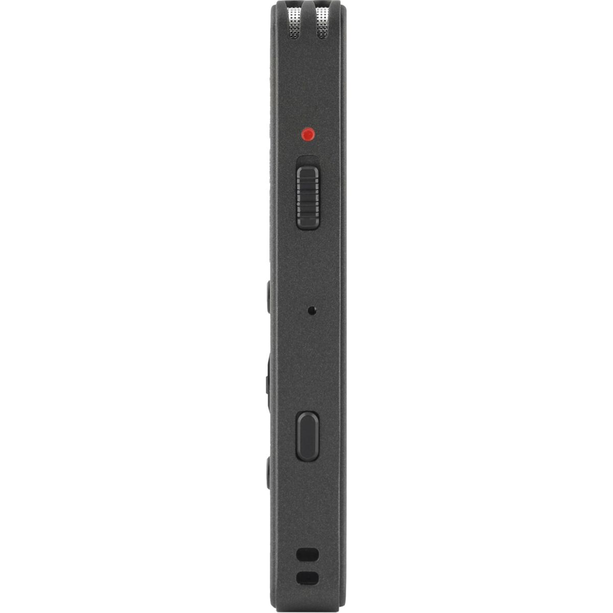 Un enregistreur audio noir avec des boutons et un voyant d'enregistrement rouge.