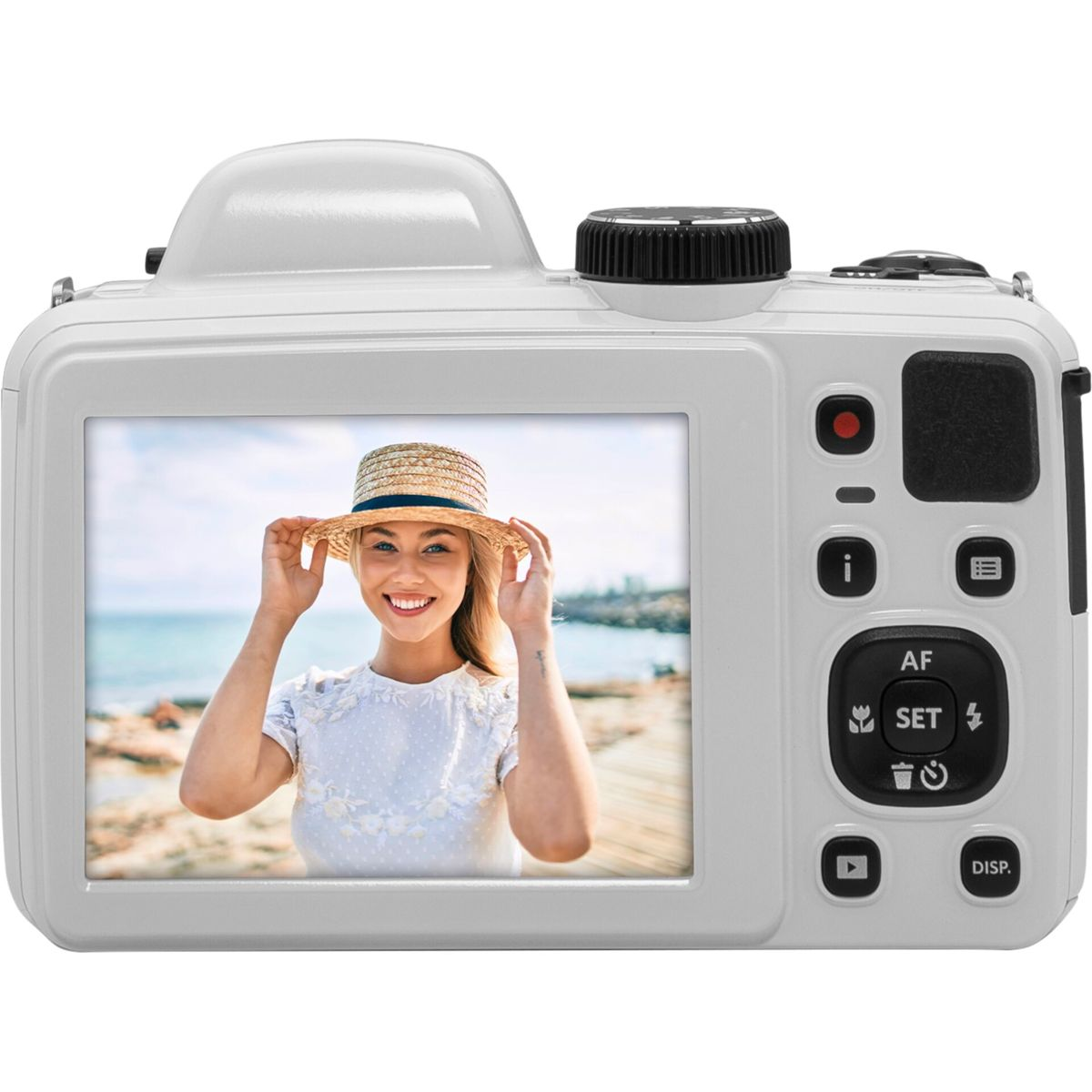 Tył białego aparatu, pokazujący kobietę z kapeluszem na ekranie, na białym tle.