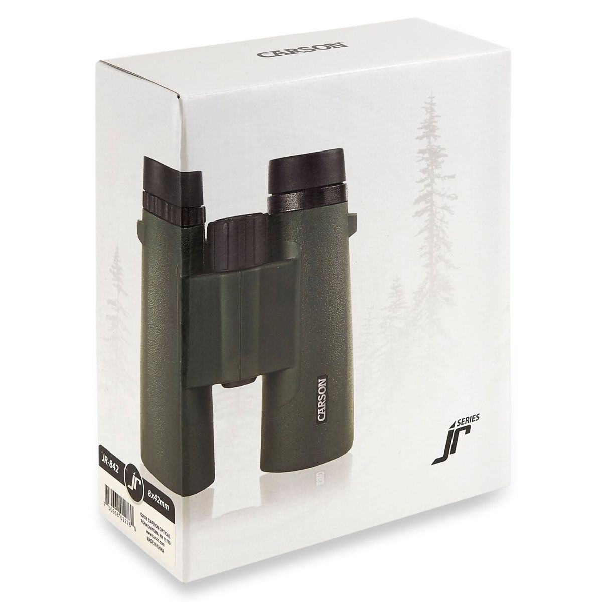 Lornetka w białym pudełku z obrazami lasu i logo 'CARSON' oraz 'JR SERIES'.