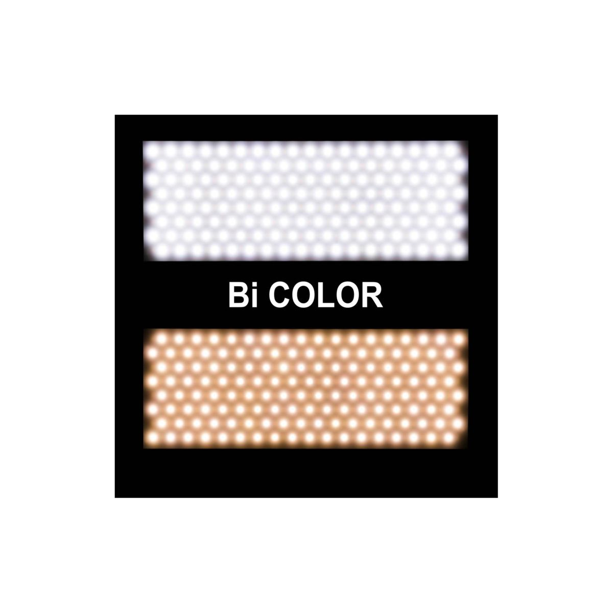 Zwei Lichtpaneele, eines weiß, eines orange, mit dem Wort 'Bi COLOR' darunter.