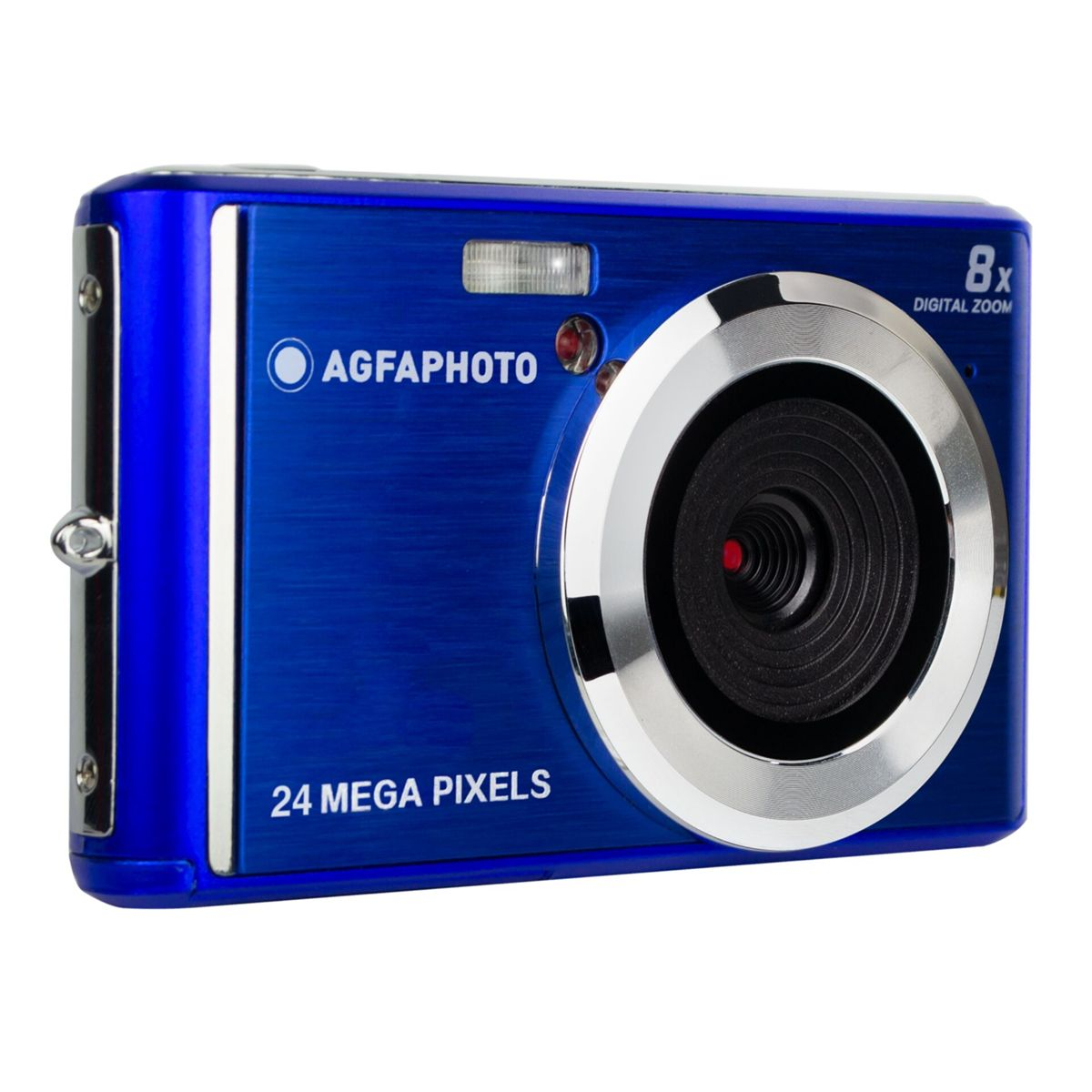 Niebieski aparat cyfrowy ze srebrnym wykończeniem, nazwa marki to Agfaphoto i ma 24 megapiksele.