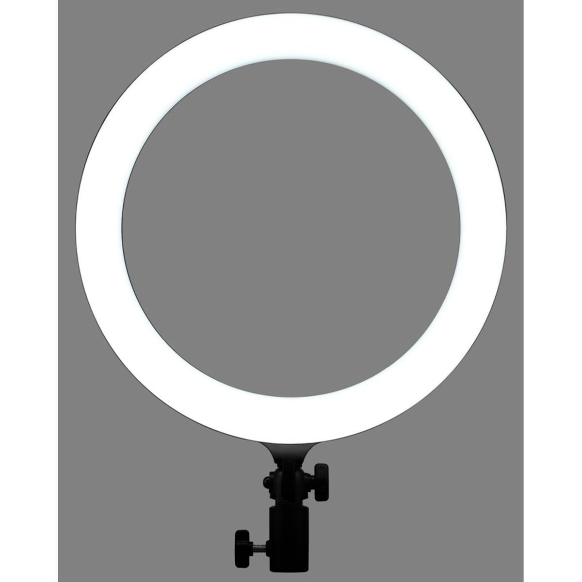 Ein Ringlicht auf einem Ständer, das hellweißes Licht aussendet. Der Hintergrund ist grau.