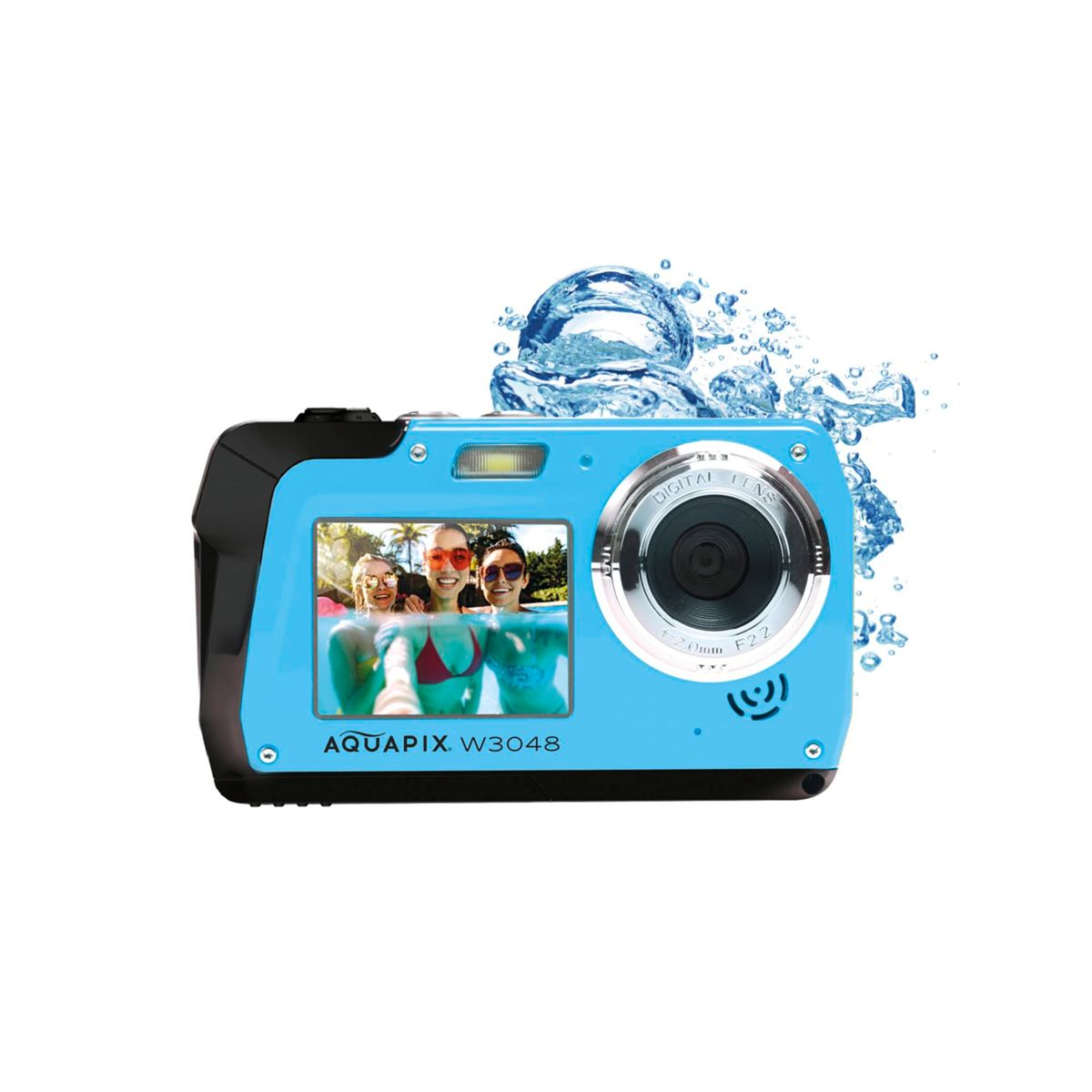Blaue wasserdichte Kamera mit Bildschirm, der ein Foto von Personen im Wasser zeigt, Wasserspritzer.