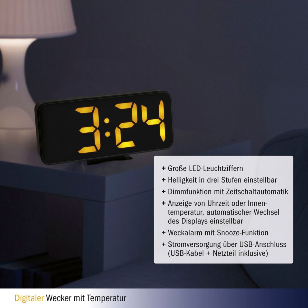 Digitaler Wecker mit Anzeige 3:24, mit Funktionen aufgelistet: Helligkeit, Schlummerfunktion, USB-Strom.