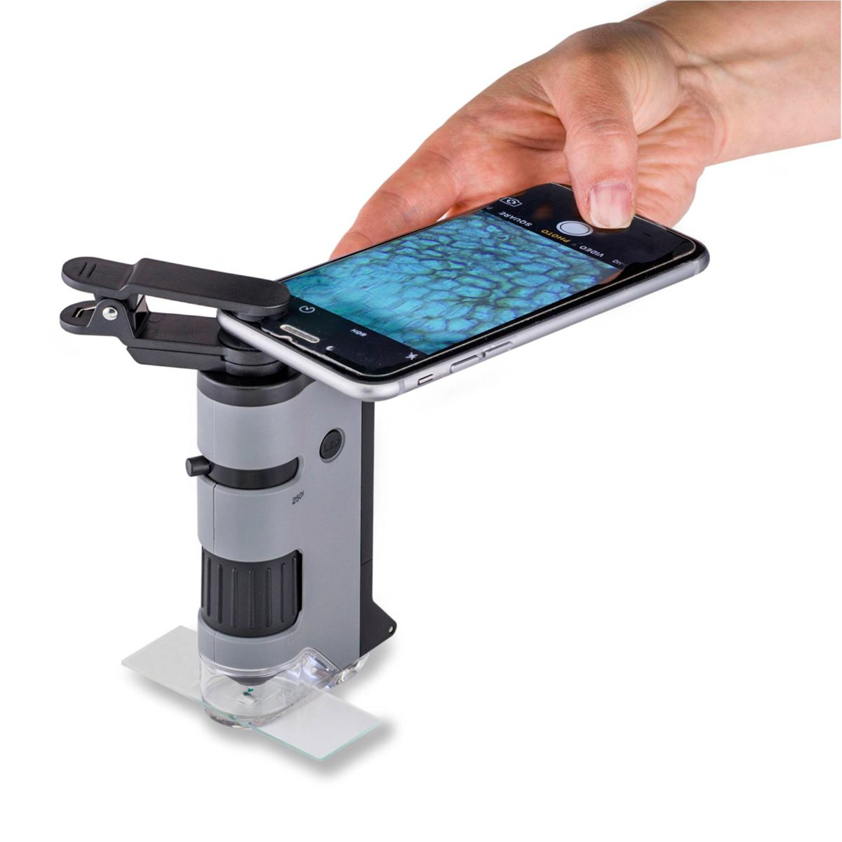 Een hand die een telefoon boven een microscoop houdt, met een close-up van een substantie op een dia.