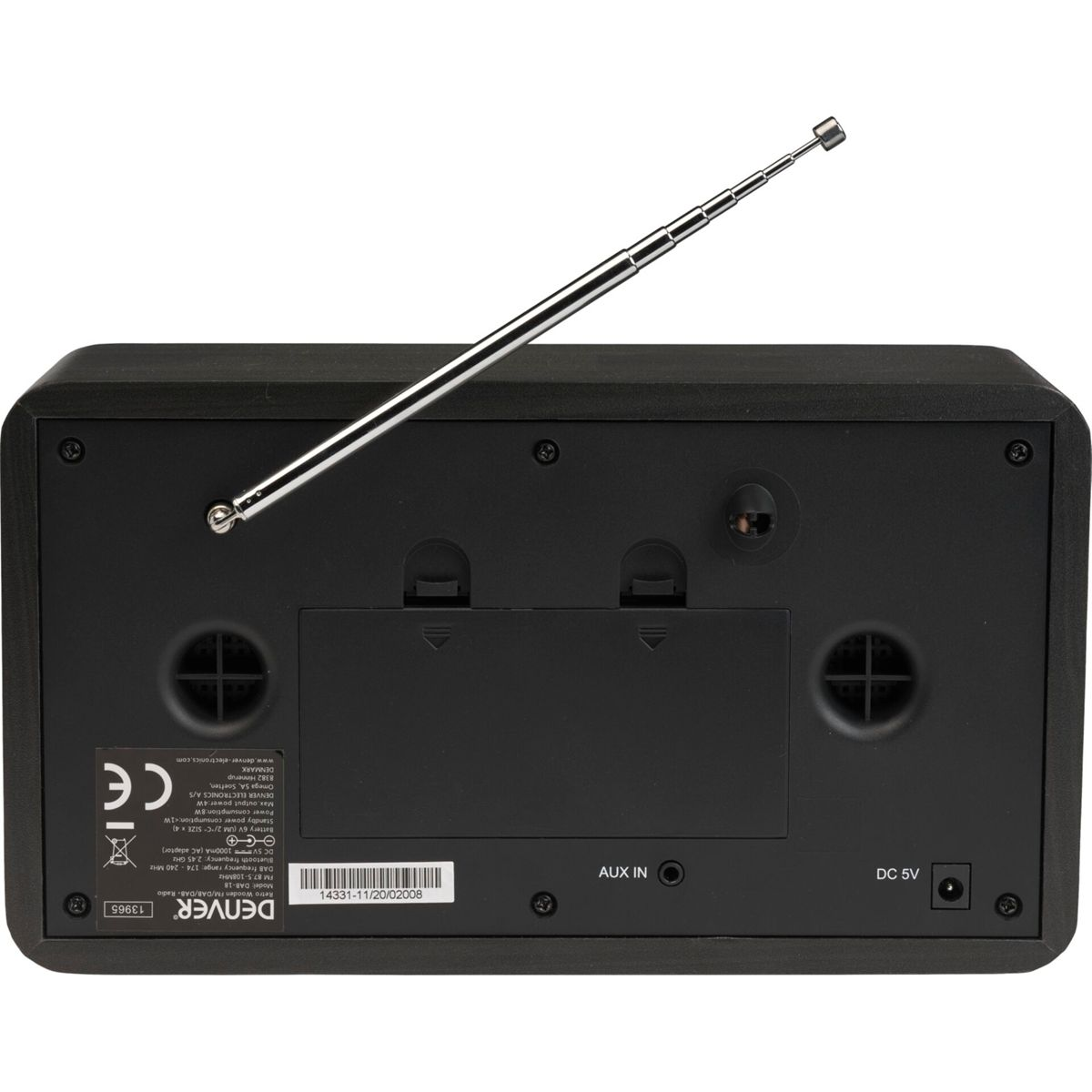 Czarny radio DENVER, pokazujący tył z anteną, portami i informacjami o produkcie.