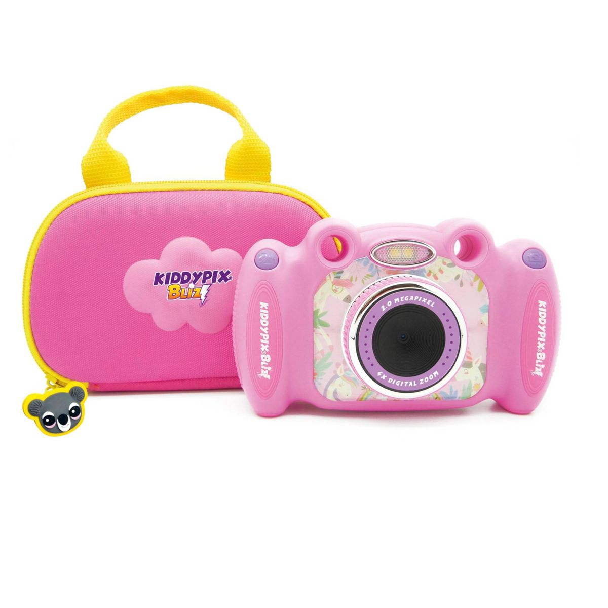 Una cámara rosa con una funda de transporte a juego. La cámara tiene un diseño de koala y zoom de 2.0 MP.