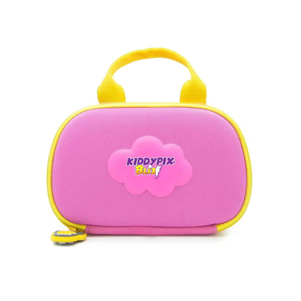 Una bolsa de almuerzo rosa con asa y cremallera amarillas, una nube con el texto: KiddyPix Blitz.