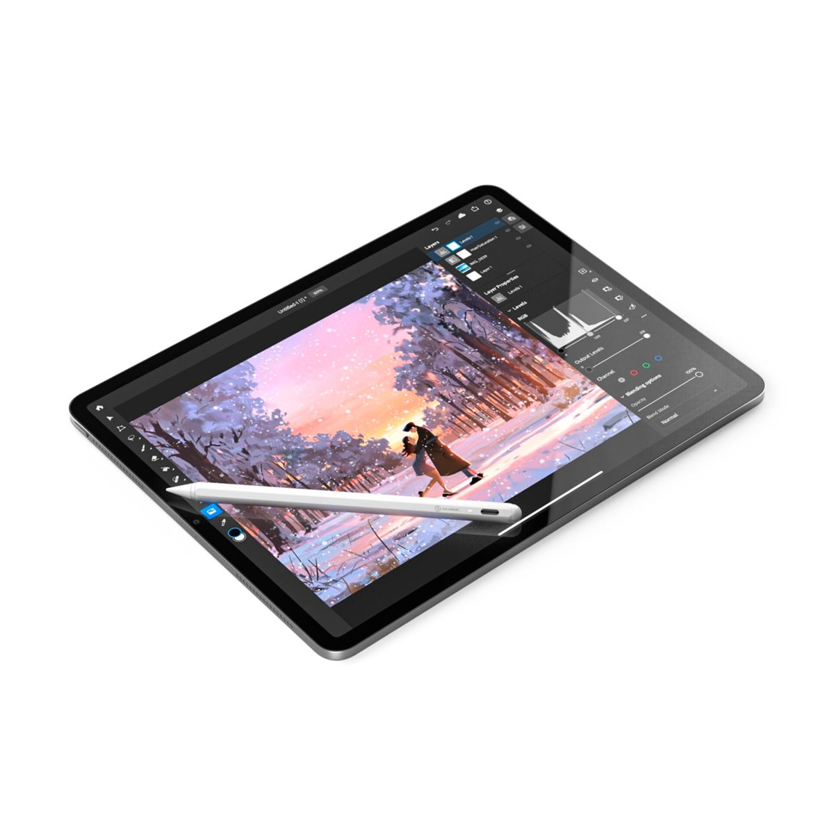 Tablet z rysikiem, pokazujący scenę sztuki cyfrowej z zaśnieżonym krajobrazem, na białym tle.