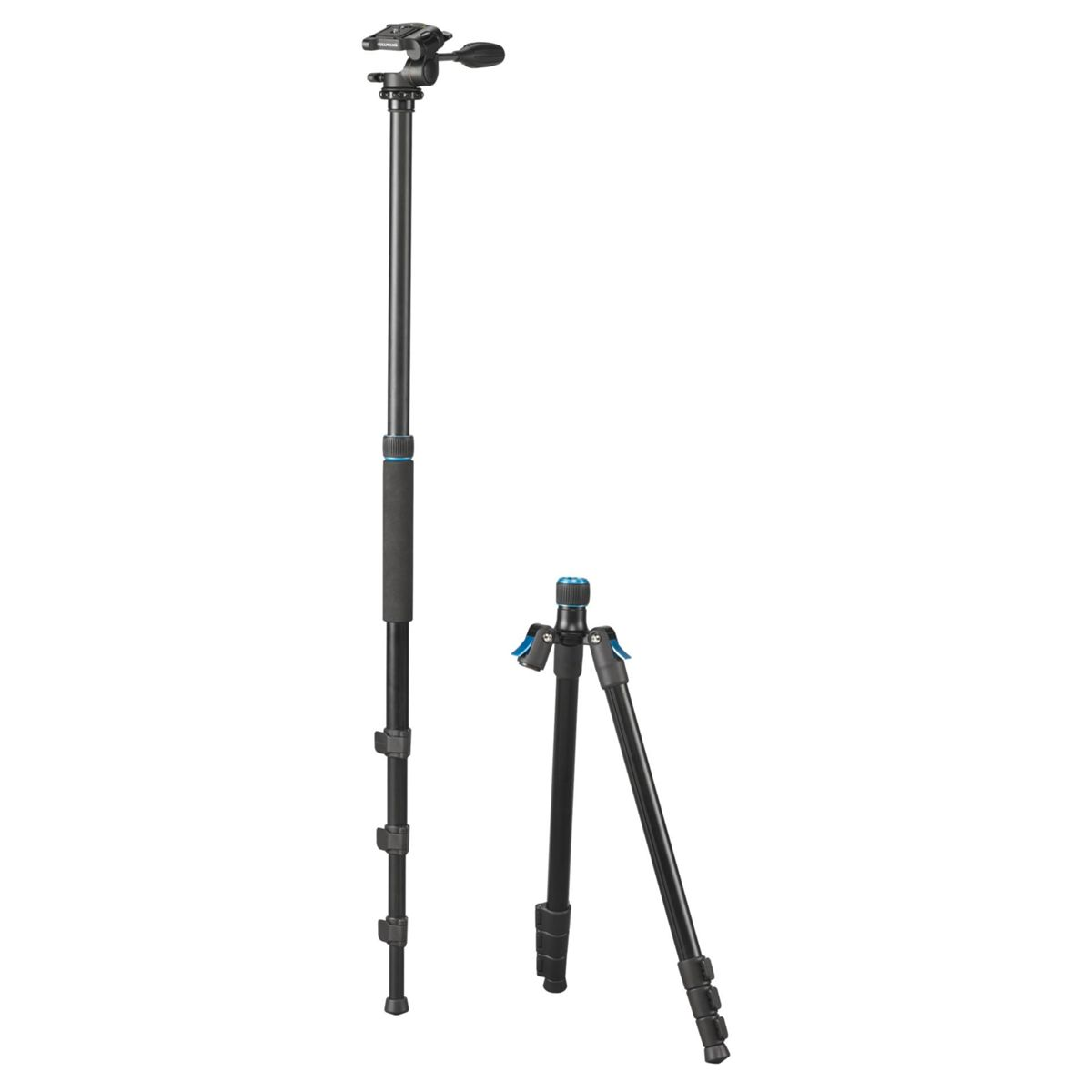 Czarny statyw jest rozłożony, z dwoma nogami wysuniętymi i jedną wciąż złożoną, gotowy do użycia.