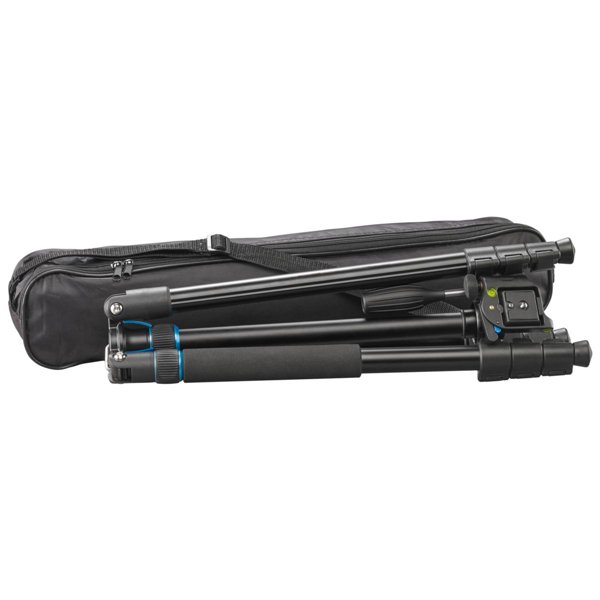 Czarny złożony statyw z czarną torbą transportową, gotowy do transportu lub przechowywania.