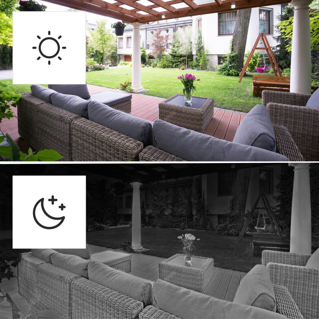 Podzielony obraz podwórka. Góra pokazuje dzień, dół noc z ikoną kamery bezpieczeństwa.