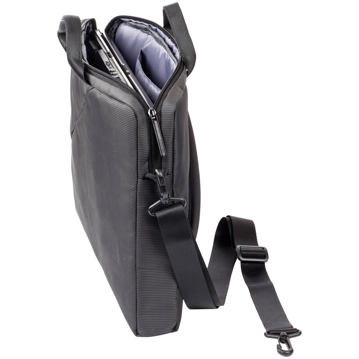 Eine schwarze Laptoptasche mit Schulterriemen. Die Tasche ist offen und zeigt einen Laptop und andere Gegenstände.