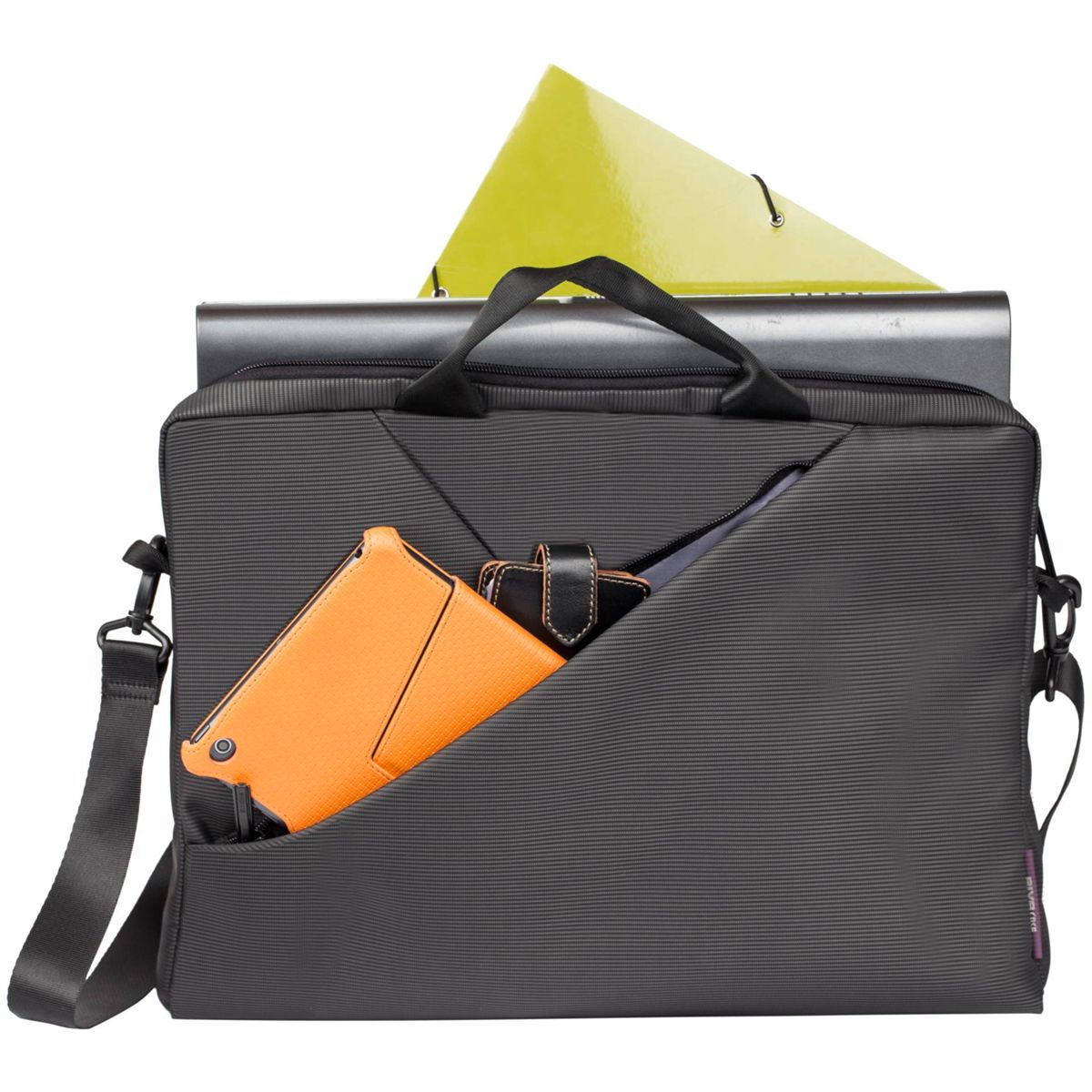 Schwarze Aktentasche mit gelbem Ordner, orangefarbenem Tablet und Geldbörse.