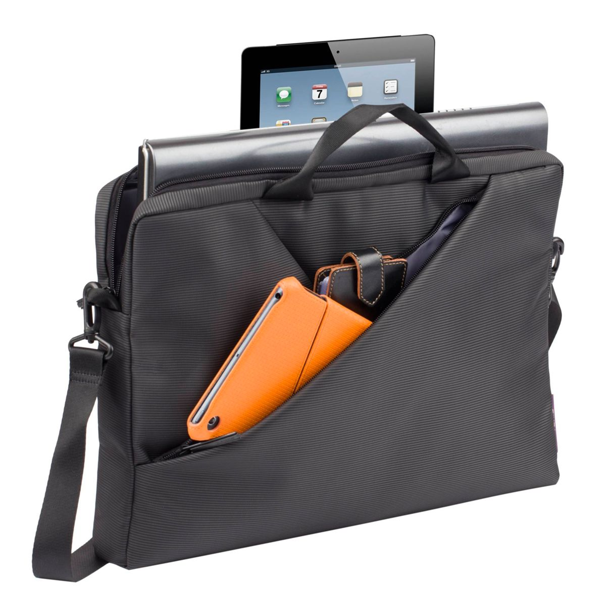 Schwarze Aktentasche mit Tablet, gelbem Ordner, orangefarbenem Tablet und Geldbörse.