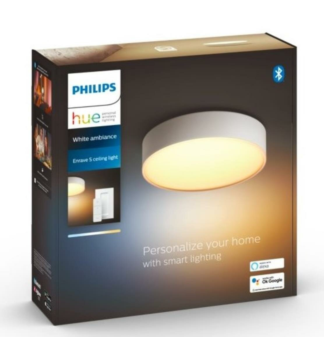 Pudełko żarówki Philips Hue. Pudełko wyświetla białe światło i zawiera logo Philips i Hue.