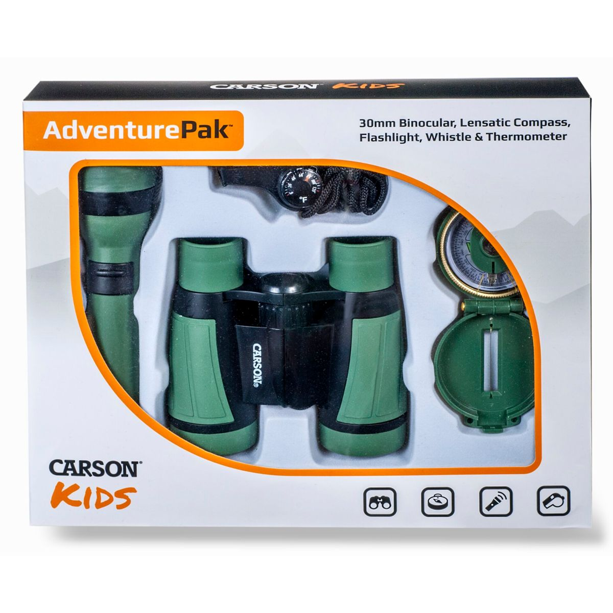Eine Carson Kids AdventurePak-Box. Die Box enthält ein Fernglas, einen Kompass, eine Taschenlampe und eine Pfeife.