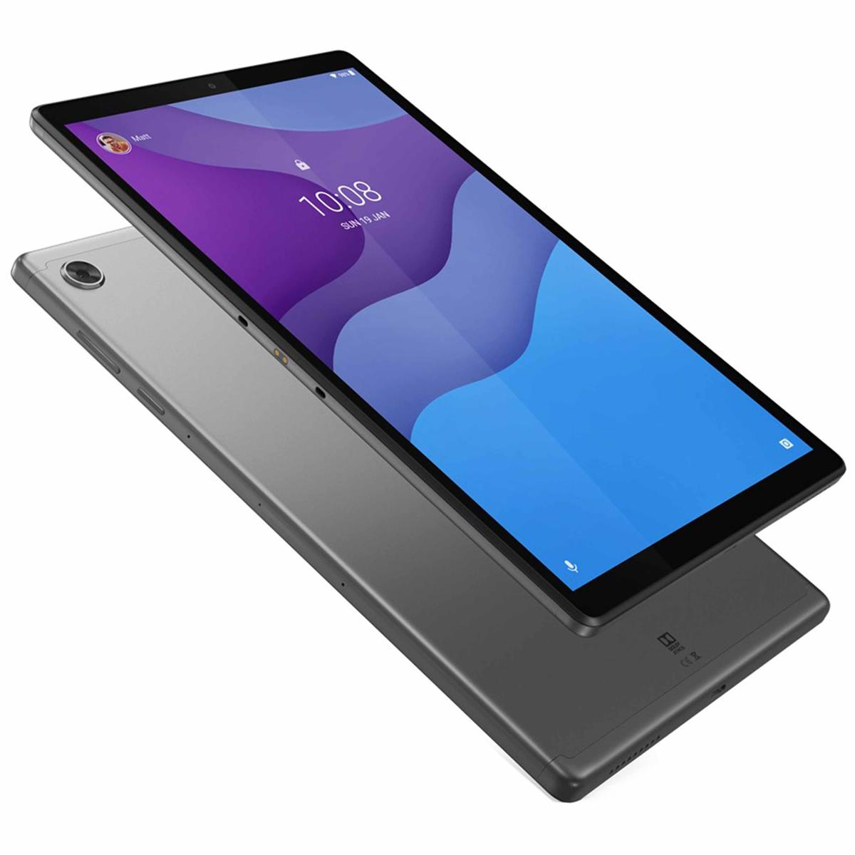 Zwei graue Tablets, eines über dem anderen. Das obere Tablet zeigt eine Uhr und einen Kalender.