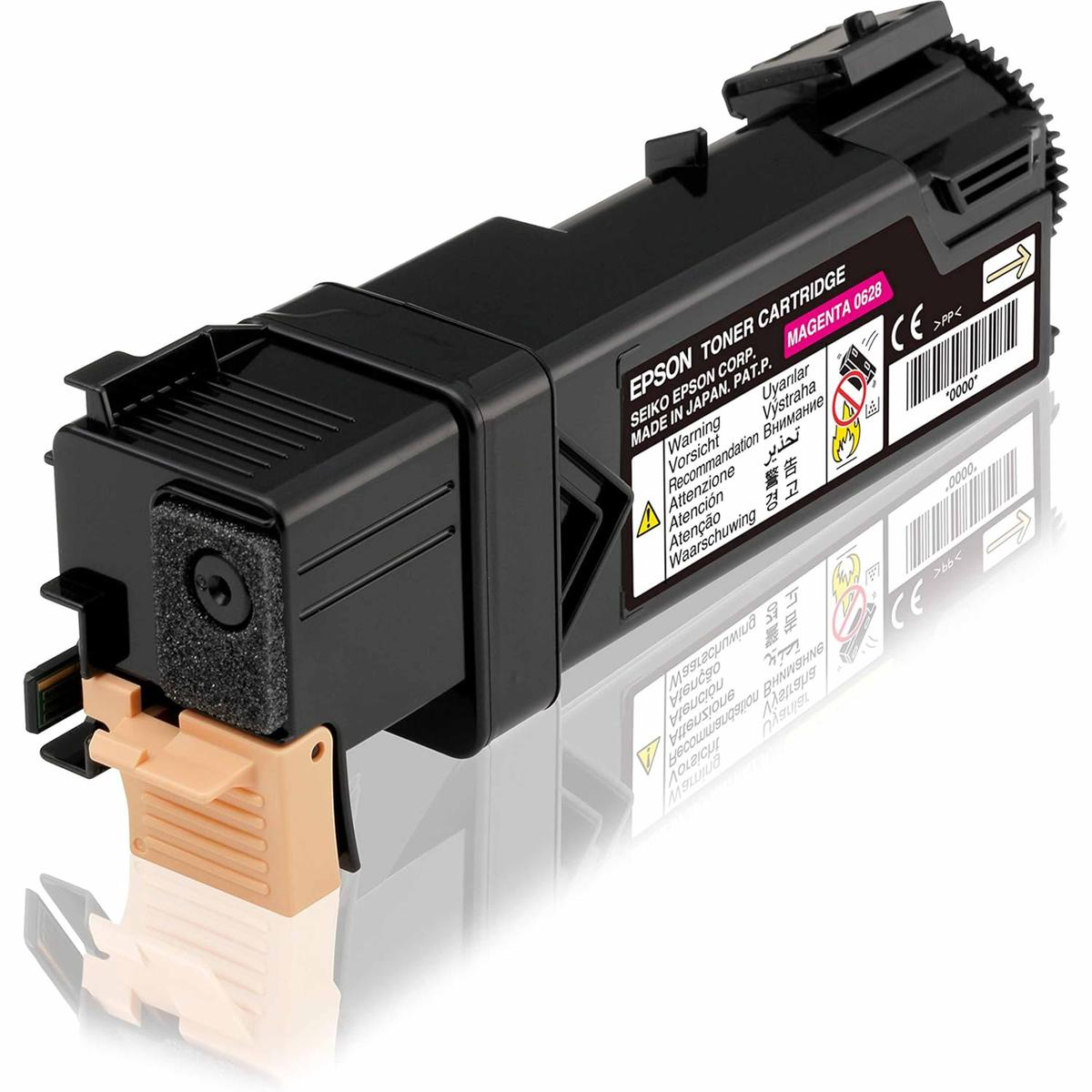 Cartuccia toner magenta Epson. Plastica nera, con etichette bianche e gialle. Ha una sezione rosa e un elemento beige.