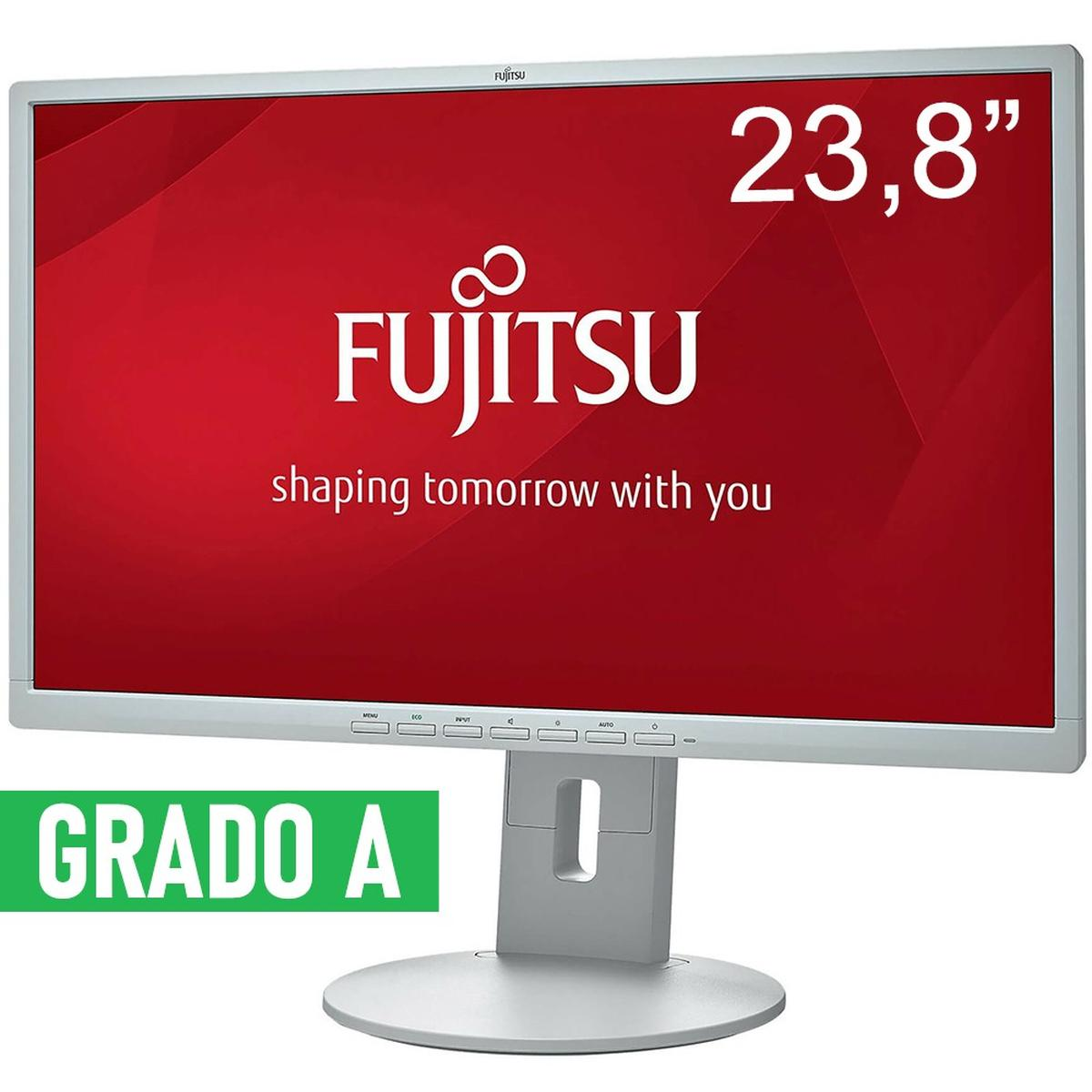 Monitor Fujitsu con schermo rosso e base argentata. Il testo 'GRADO A' è verde, sotto lo schermo.