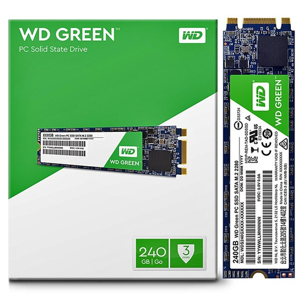 Un SSD WD Green con la sua scatola. Colori verde e nero, con etichette di testo sulla scatola e sulla scheda.