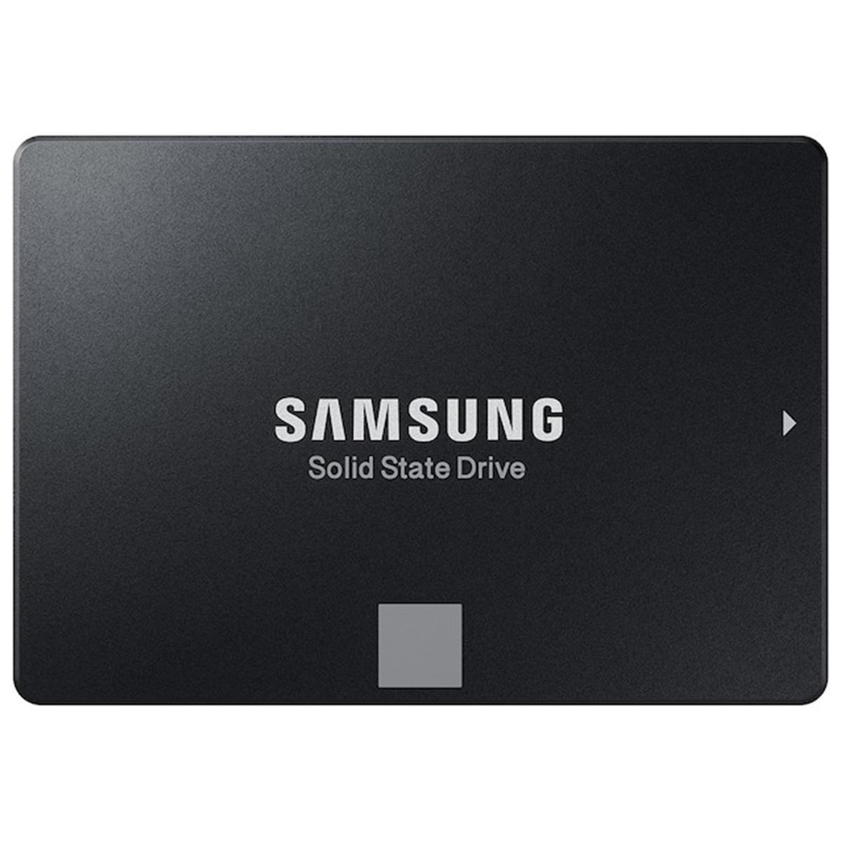 Schwarzes Samsung SSD-Laufwerk mit weißem Text und einem grauen Quadrat. Weißer Hintergrund.