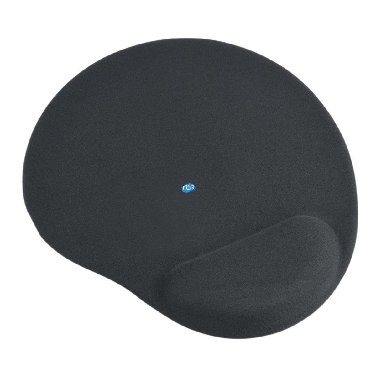 Tapis de souris ergonomique noir avec repose-poignet. Il est noir et a une forme incurvée.