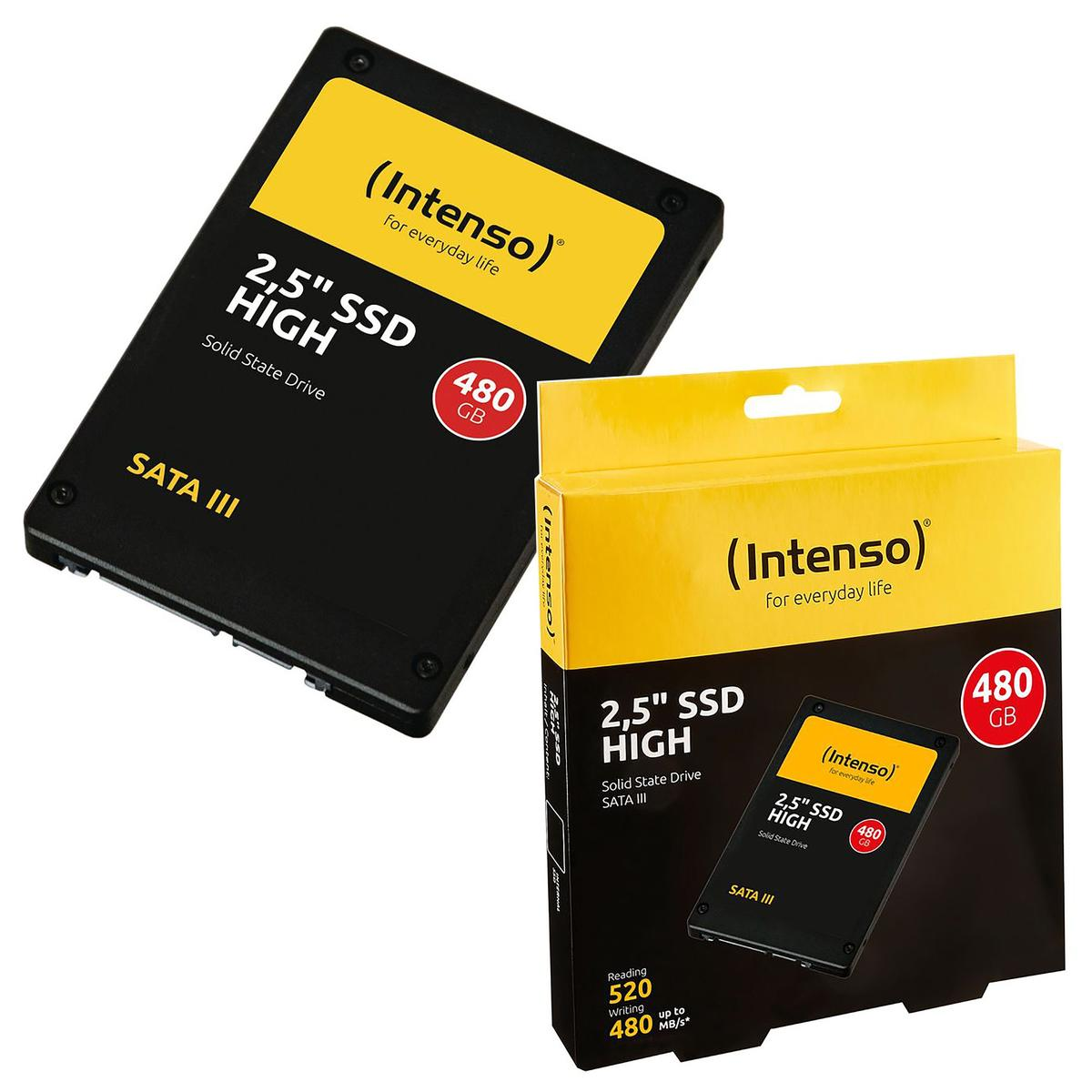 Dwa czarne dyski SSD Intenso 2,5" w pudełkach. Jeden osobno, drugi w pudełku.