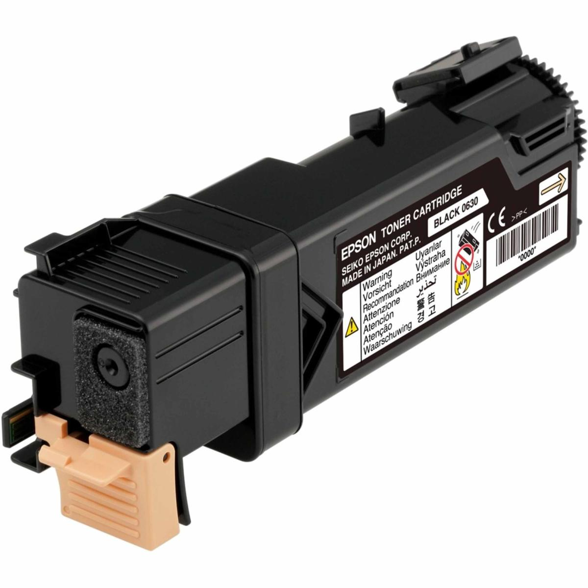 Cartuccia toner Epson nera con etichette di avvertimento e linguetta di rilascio beige. Bianco.