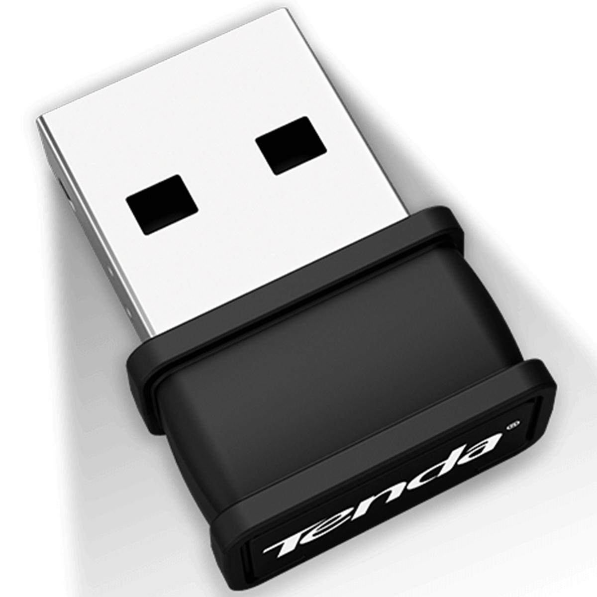 Adattatore WiFi USB in bianco e nero con il logo 'Tenda'. Sfondo bianco.