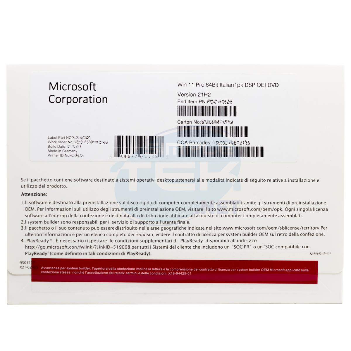 Pudełko Microsoft Windows 11 Pro z tekstem i kodami kreskowymi na białym tle.