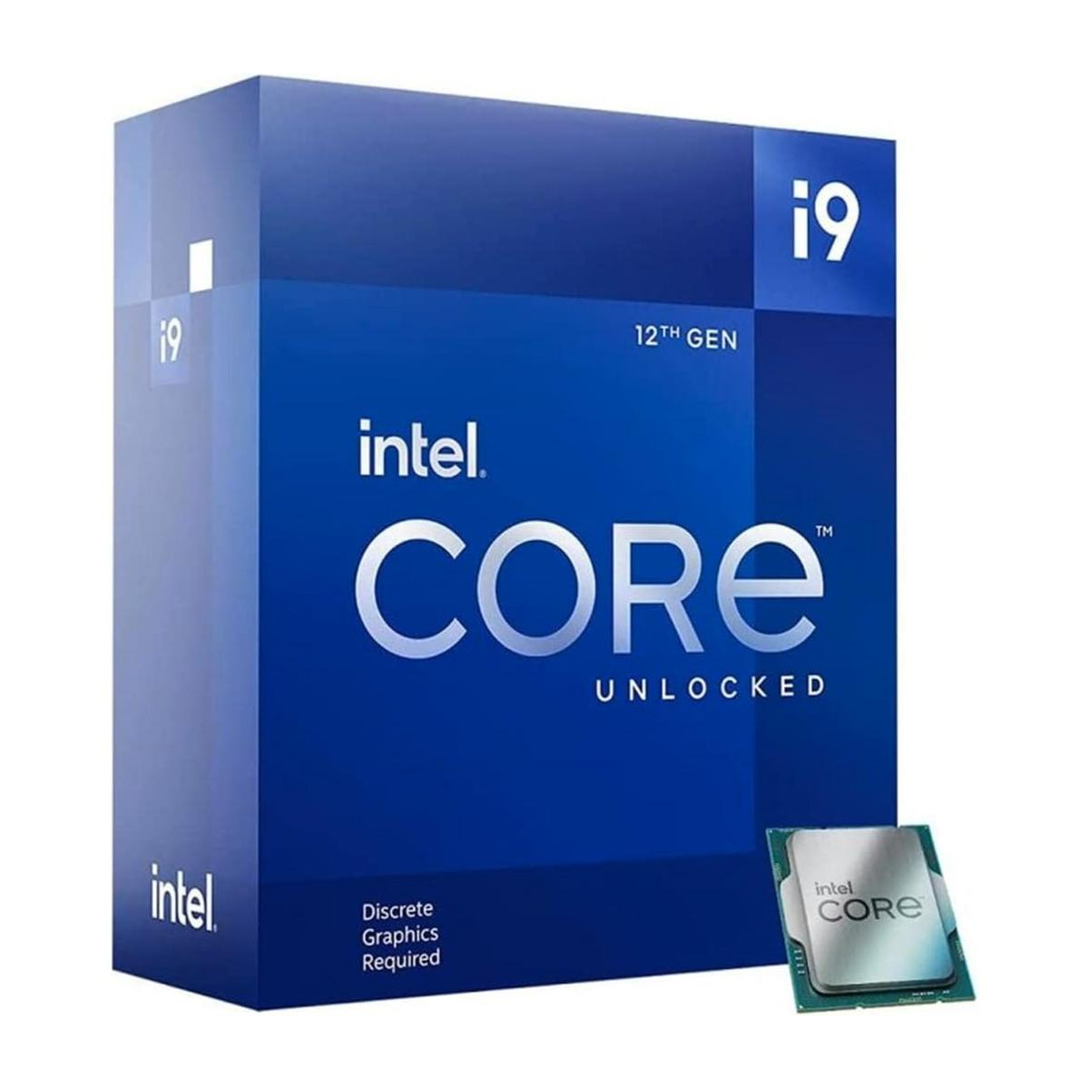 Pudełko procesora Intel Core i9 12. generacji z widocznym procesorem. Niebieska kolorystyka.