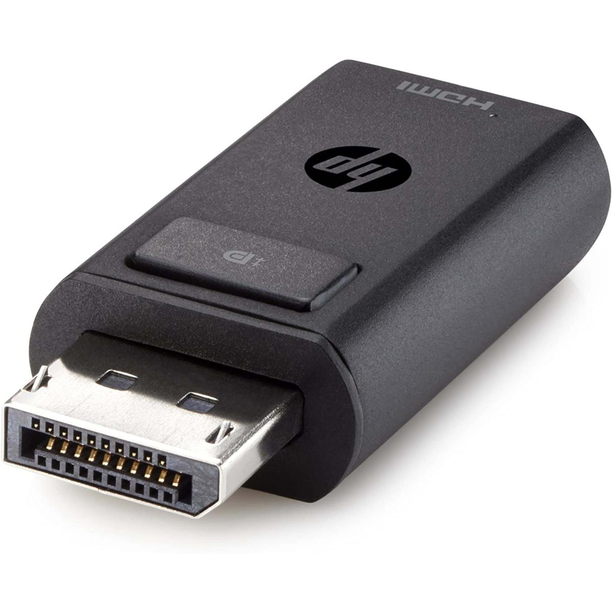 Czarny adapter HDMI do DisplayPort. Logo HP znajduje się na górze.
