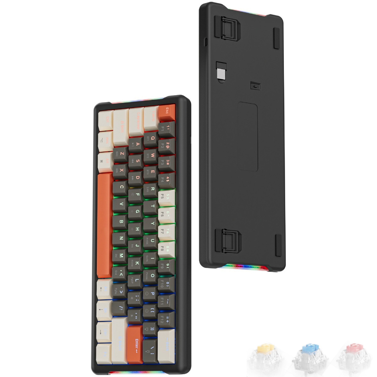 Klawiatura mechaniczna z białymi, pomarańczowymi i szarymi klawiszami oraz czarną dolną częścią.