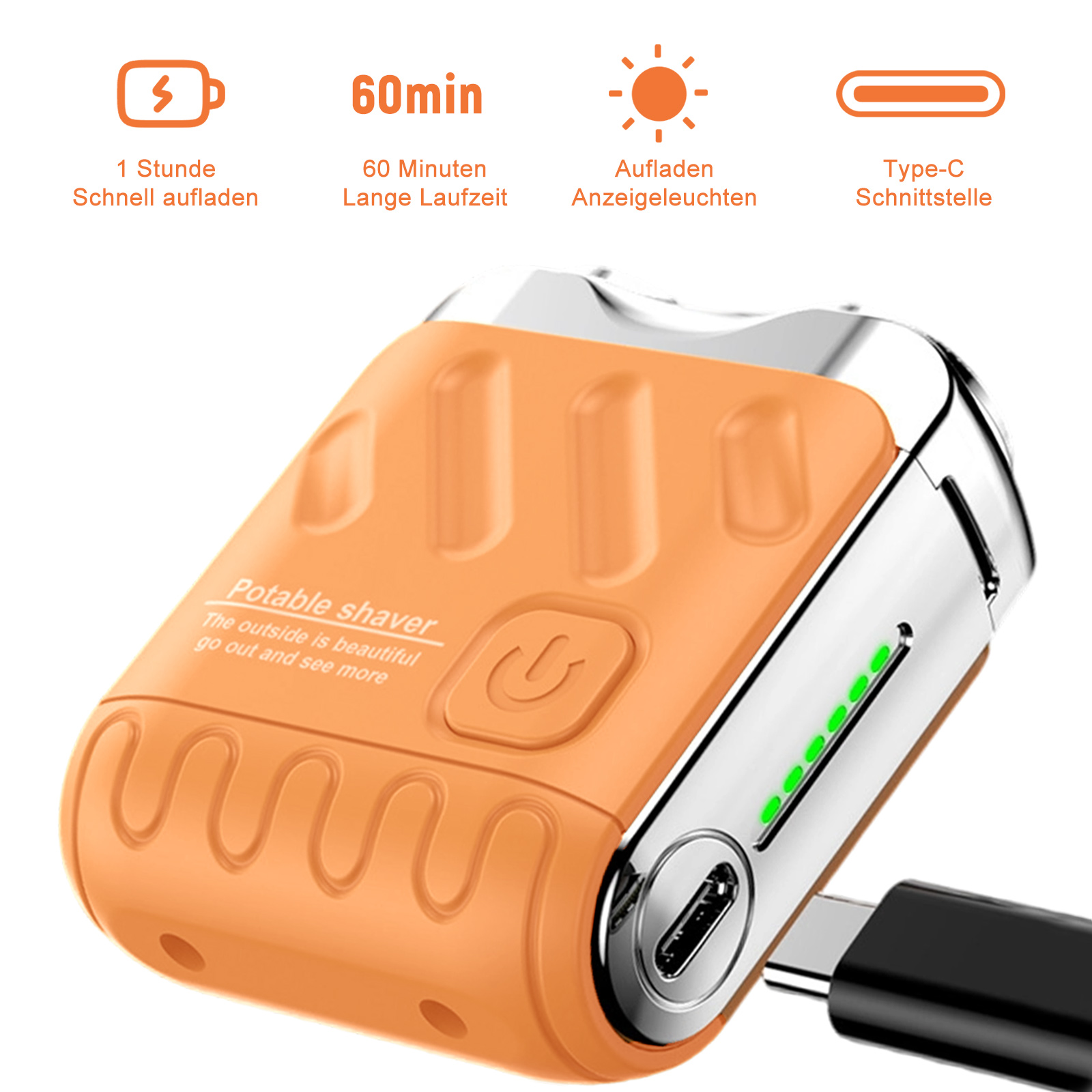 Nahaufnahme eines orangefarbenen und silbernen Rasierers mit Ladekabel, der Ladeanzeigen zeigt.
