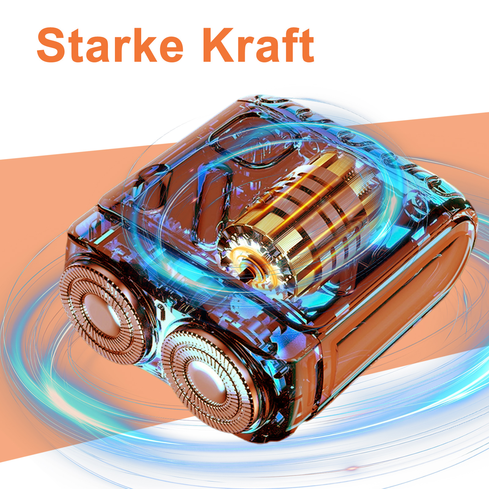 Innenansicht eines Rasierers mit sichtbarem Motor und komplizierten internen Komponenten.
