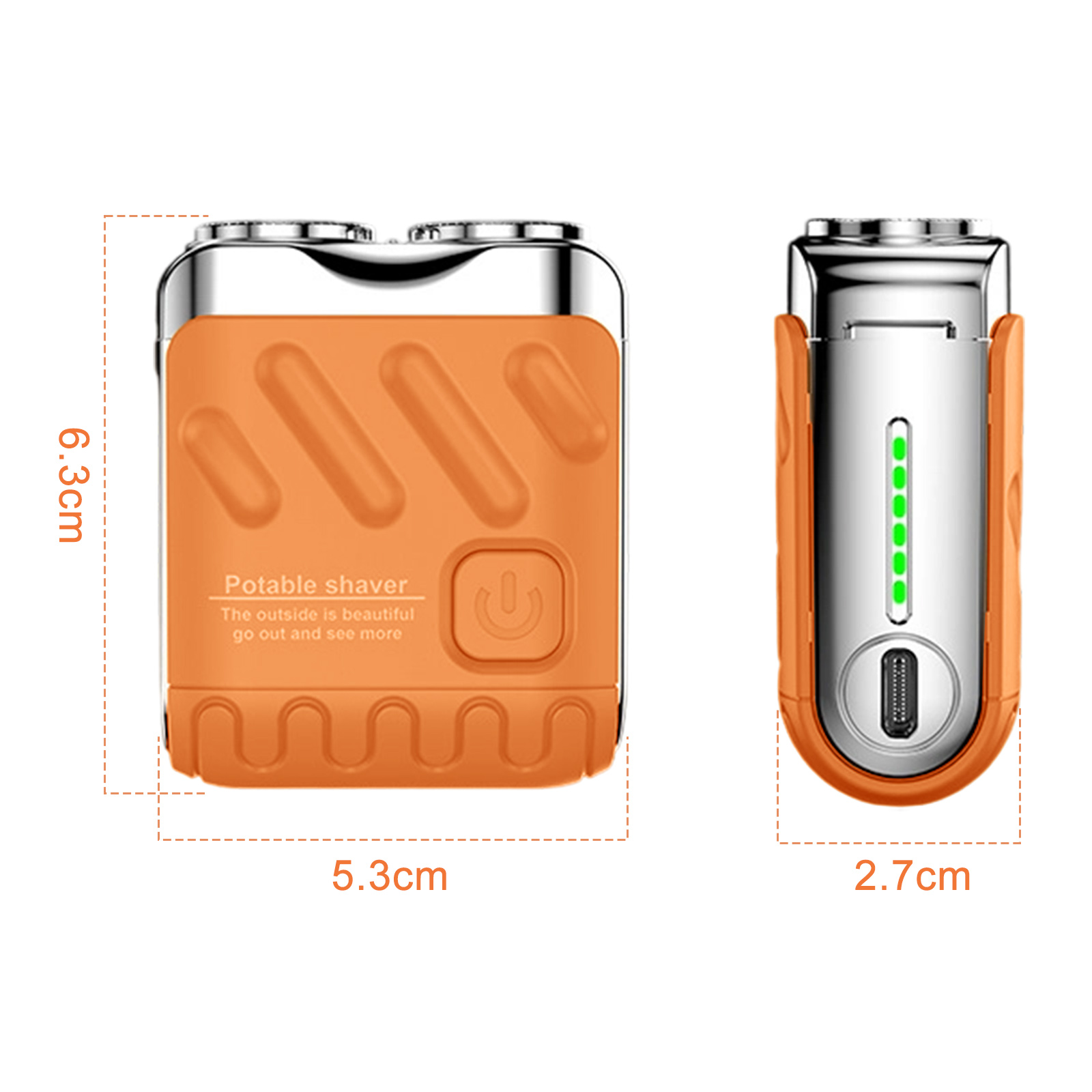 Ein tragbarer Rasierer in Orange und Silber mit Abmessungen, mit Ein-/Aus-Taste.