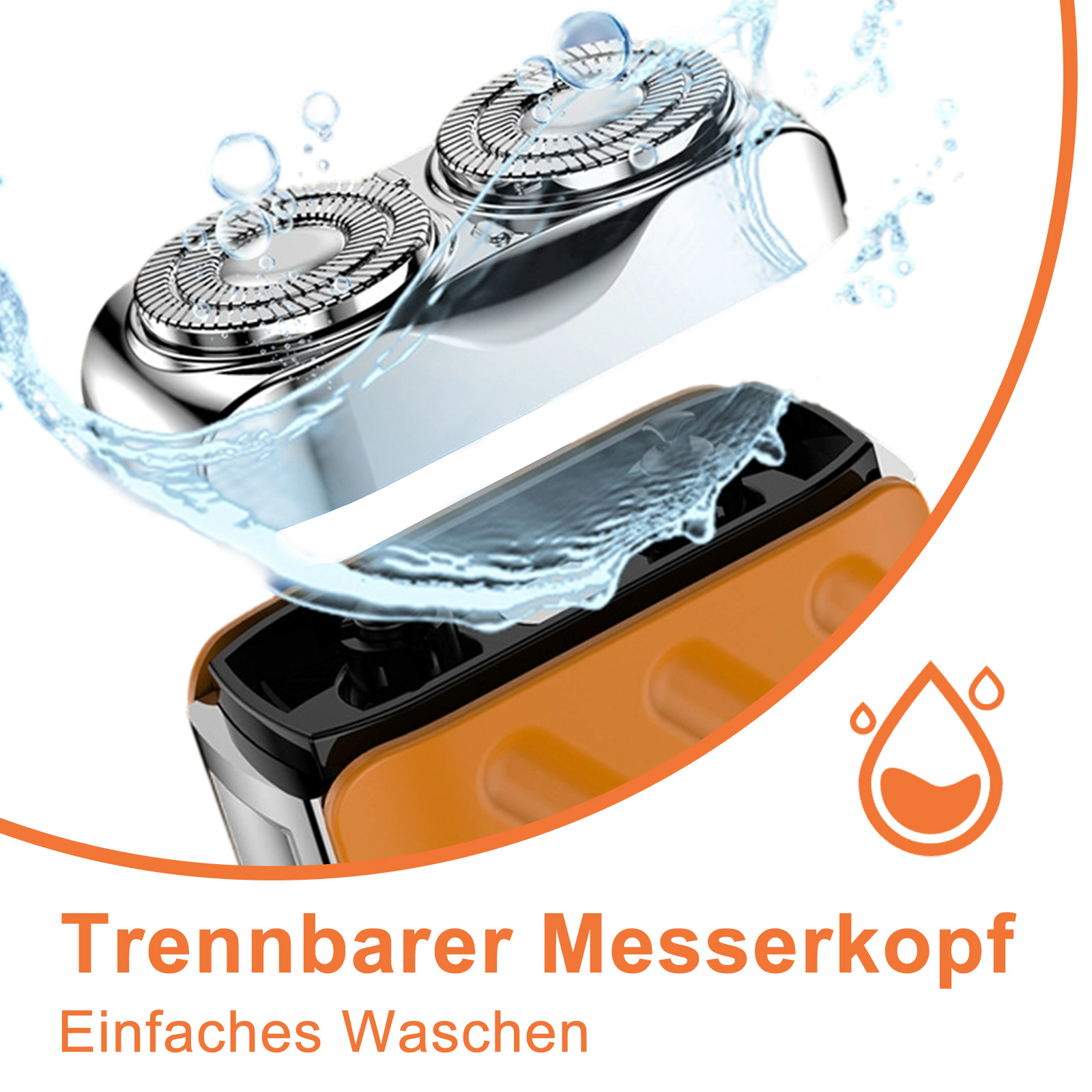 Rasiererkopf wird unter Wasser abgespült, was die einfache Reinigung des abnehmbaren Kopfes veranschaulicht.