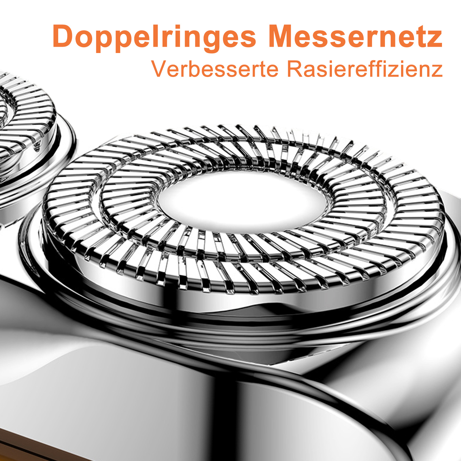Nahaufnahme des silbernen Doppelring-Klingensystems eines Elektrorasierers.