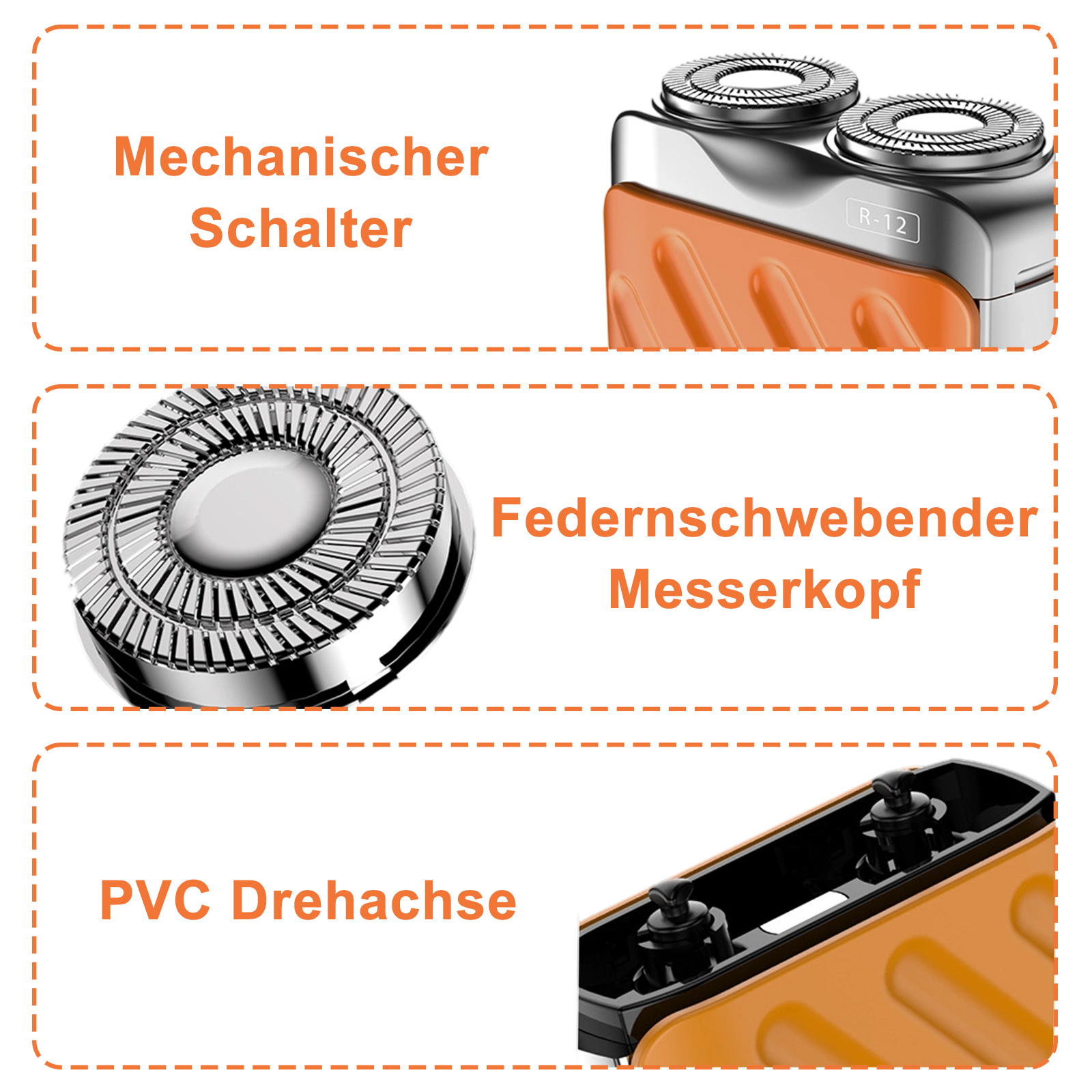 Ein orangefarbener und silberfarbener Elektrorasierer mit drei detaillierten Ansichten seiner Teile.