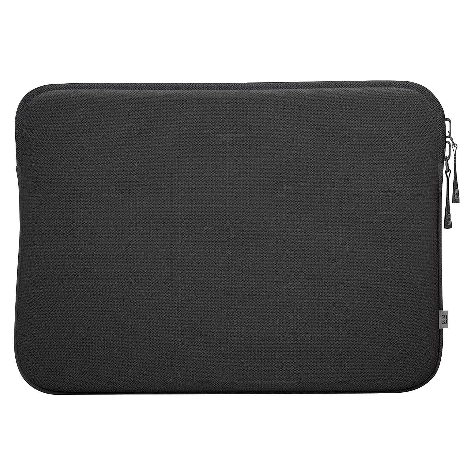 Una custodia per laptop grigio scuro con cerniera e una piccola etichetta con logo.
