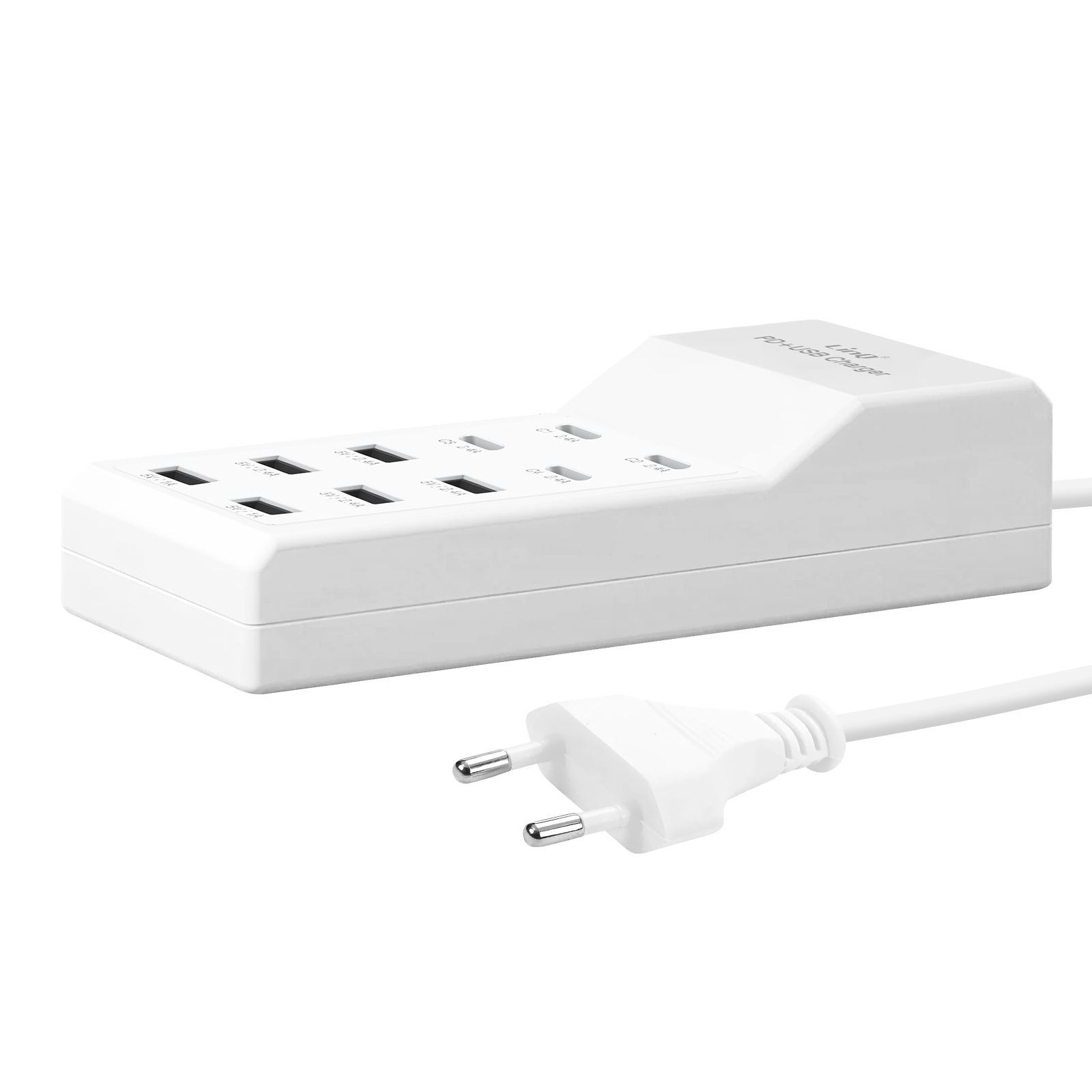 Ein weißes Multi-Port-USB-Ladegerät mit Netzkabel und mehreren USB-Anschlüssen.