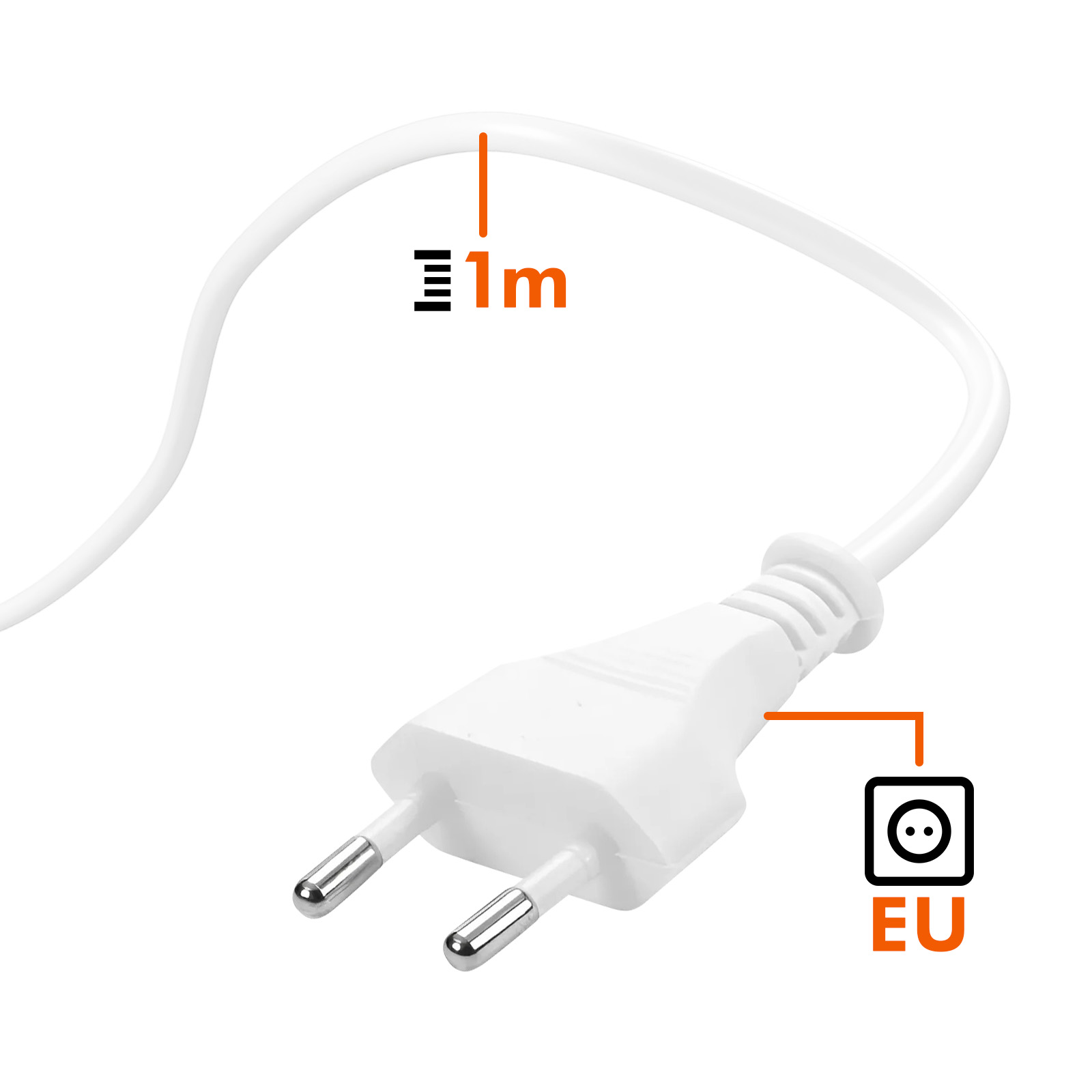 Ein weißer EU-Stecker mit zwei Stiften und einem weißen Kabel, beschriftet mit '1m' und 'EU'.