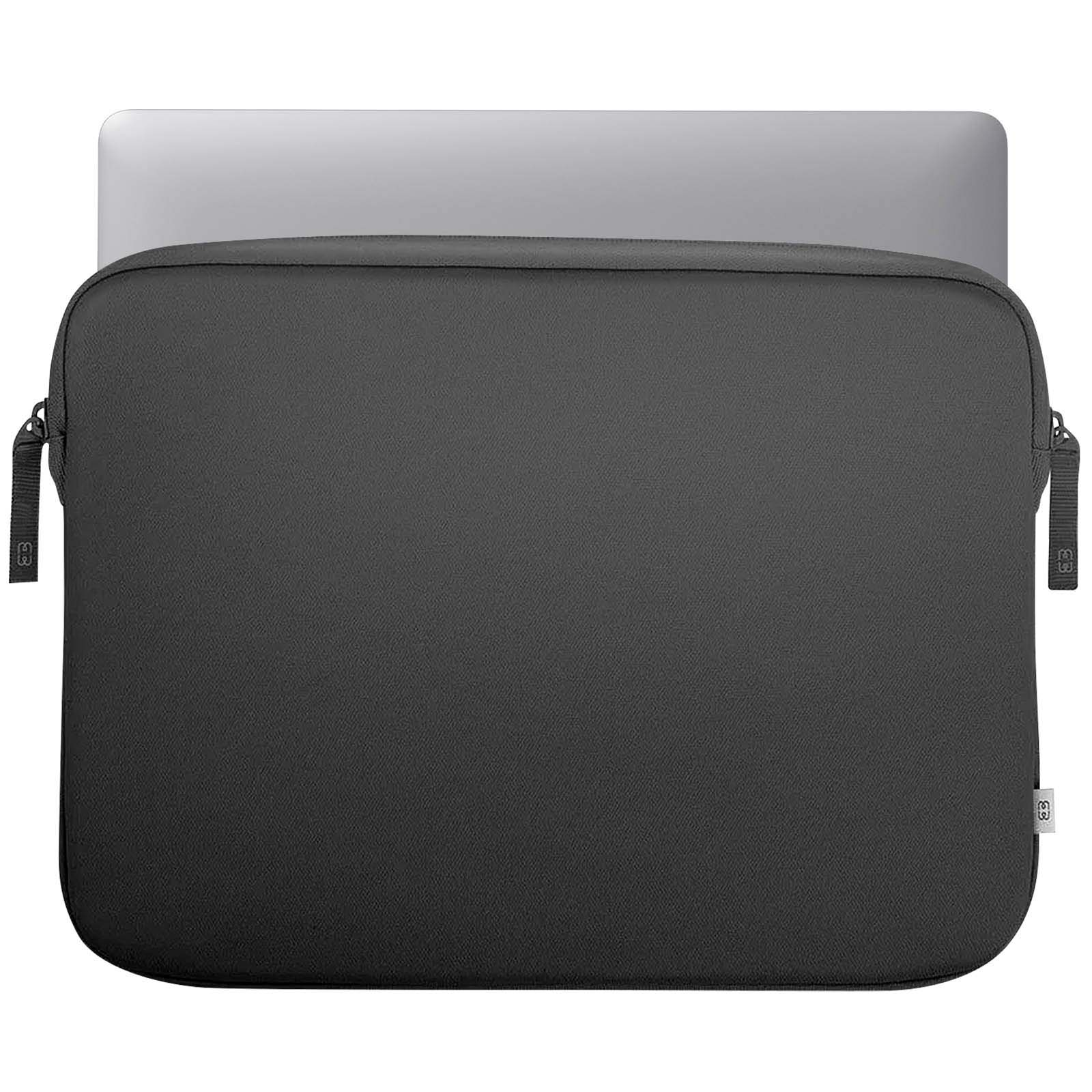 Una custodia per laptop, grigio scuro con una cerniera, mostrata con un laptop all'interno.